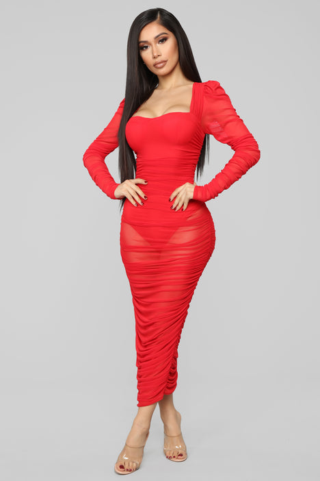 Mesh With His Head Ruched Dress - Red ...